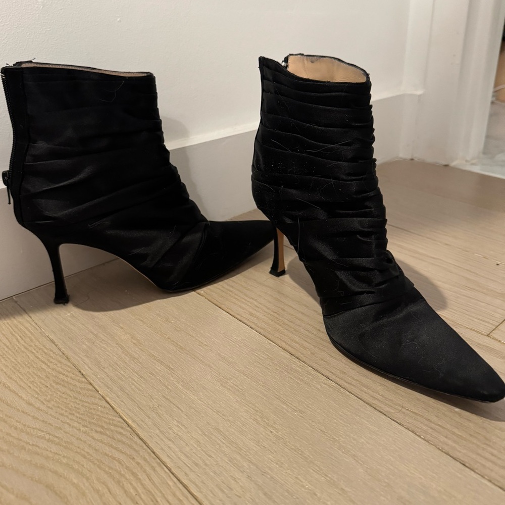Satin black Manolo Blahnik heeled ankle boots